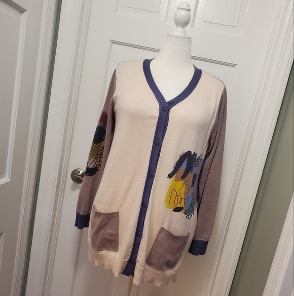 LOGO by Lori Goldstein Sweaters - LOGO by Lori Goldstein Color Block W/Graphic Print Knit Cardigan Large, Soft